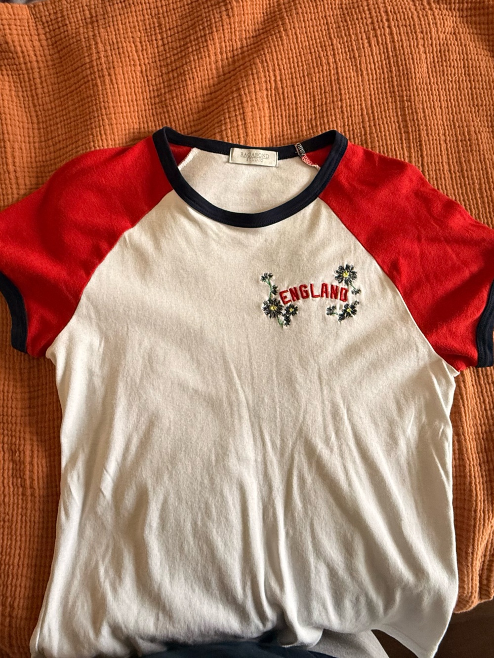 White Tee with Red Raglan Sleeves and Navy Trim - England Floral.